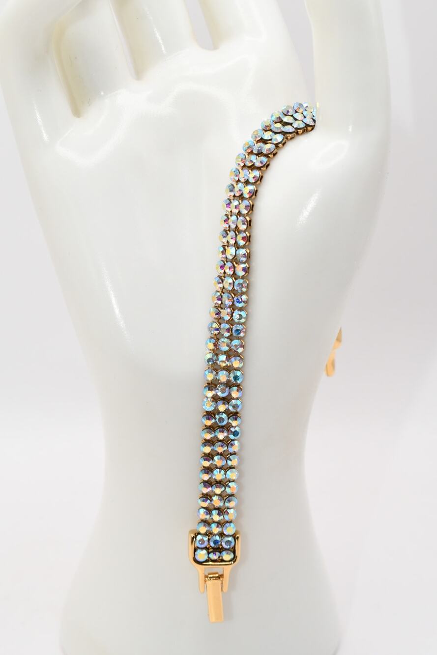 Swarovski AB Crystal Bracelet 3 Row Gold Tone Swan Signed 7.25 Inch